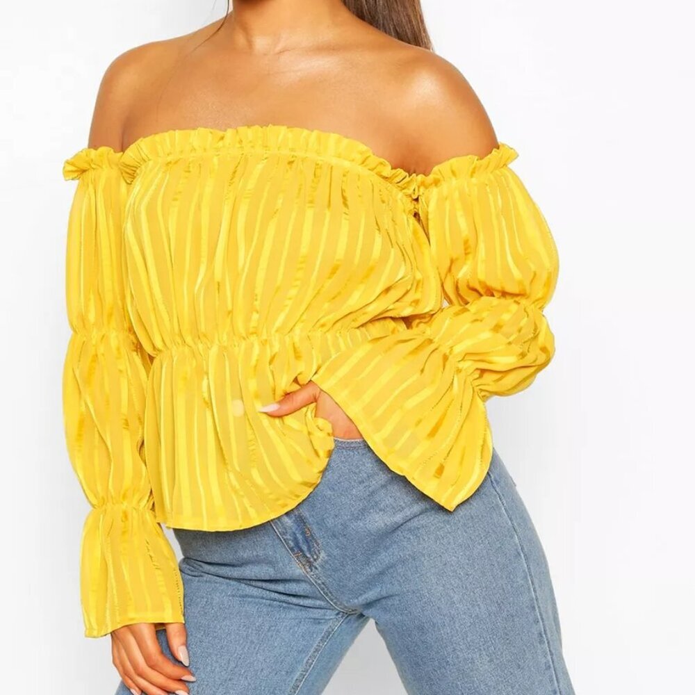 NWT Boohoo Mustard Off-Shoulder Satin Stripe Volume Sleeve Bardot Top size 6
